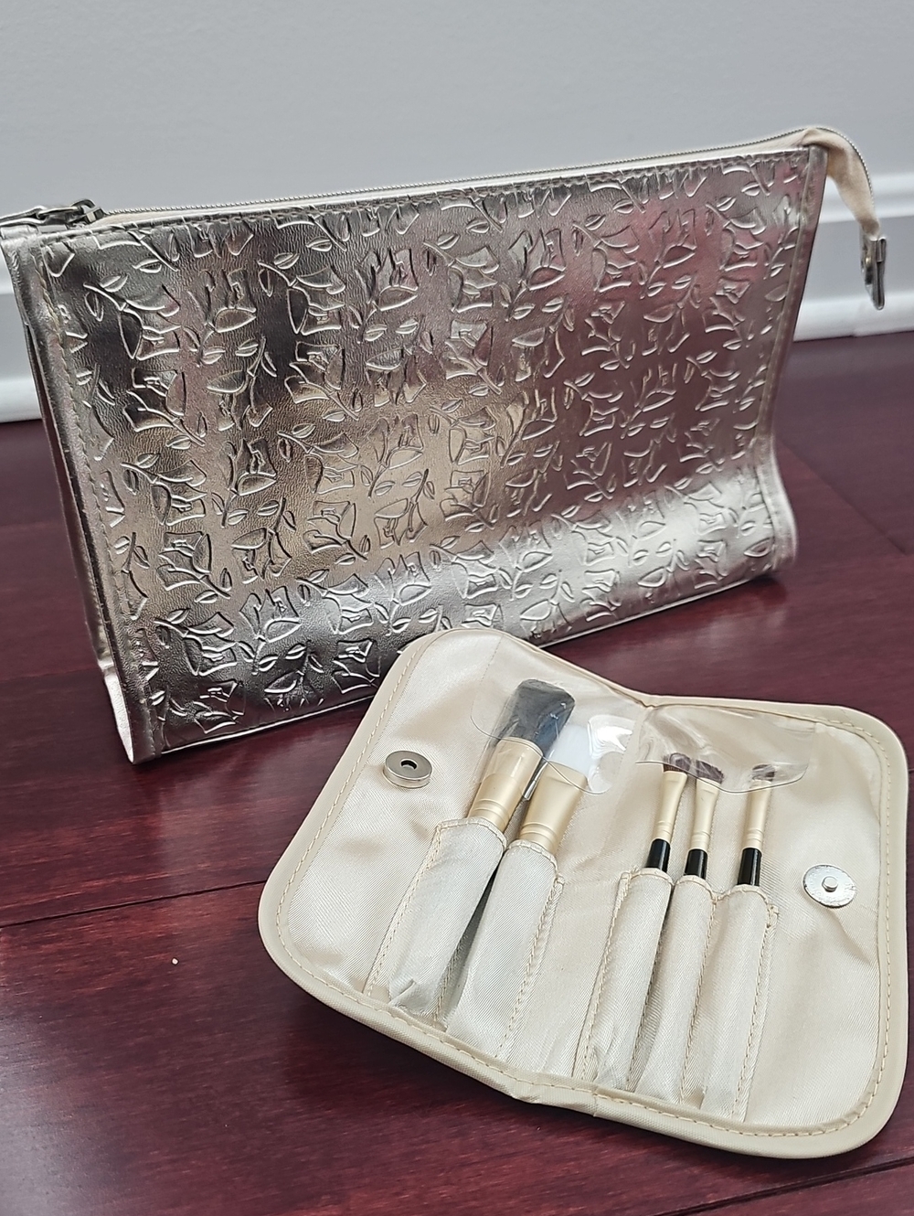 Lancome Metallic Gold Embossed Toiletry Case With Brush Set